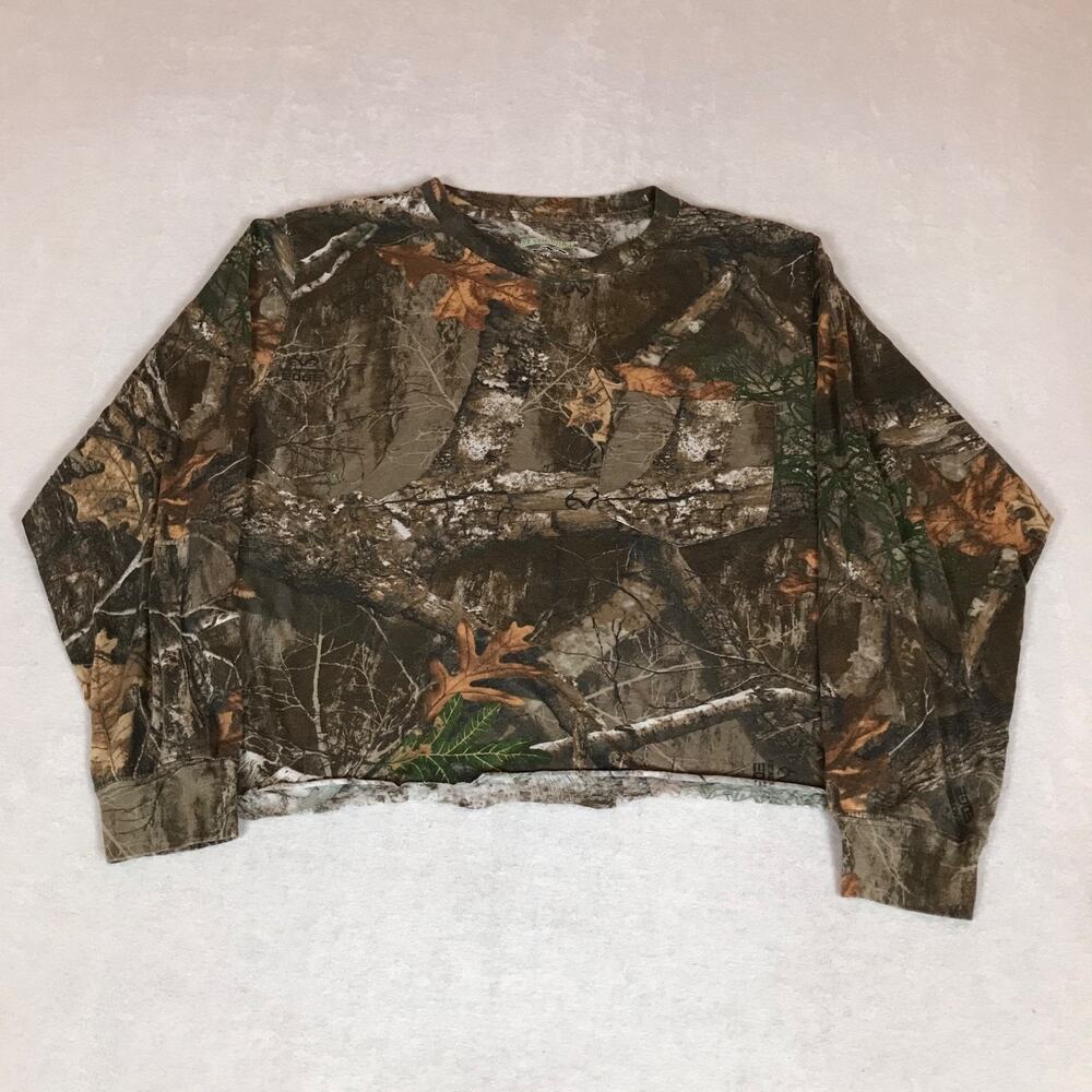 Rustic Ridge Camo Green Grunge Oversized Cropped Cutoff Long Sleeve Tee XL
